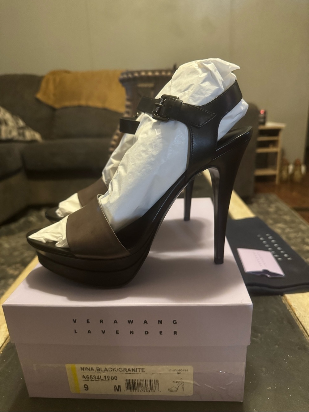 Vera Wang Lavender Label Black and Granite Platform Stiletto Sandals